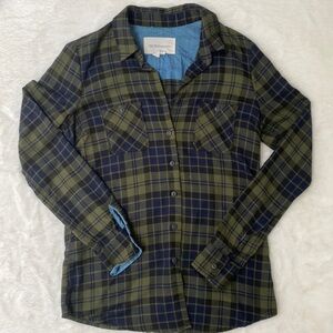 BCBGeneration green & blue light flannel shirt with denim detail on sleeve cuff